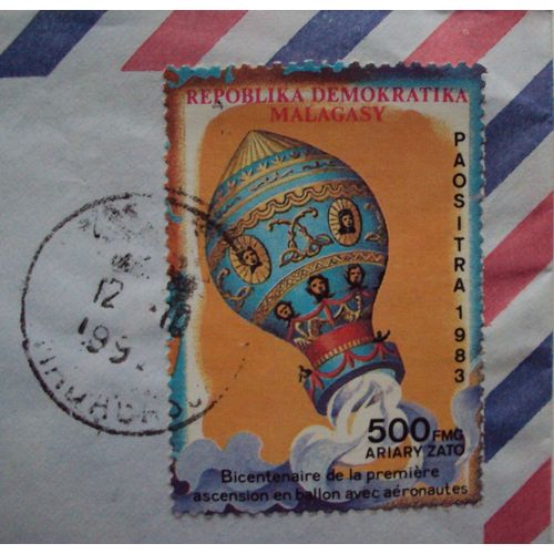 Madagascar.. (500) Républika Démokratika Malagasy.Enveloppe Philatélique Avec Timbre :  Bicentenaire De La Première Ascension En Ballon Avec Aéronautes. Oblitéré.