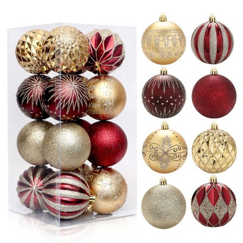 Ornement de boule de Noël mat brillant incassable en or rouge, 16 pièces