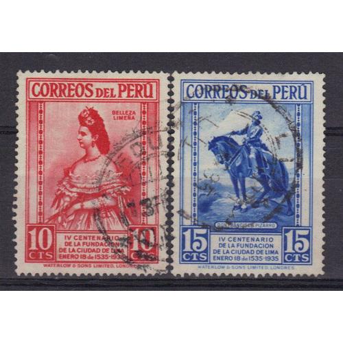 Perou 1935 : 4è Centenaire De La Ville De Lima : Beauté Liménienne / Pizarro - Série De 2 Timbres Oblitérés