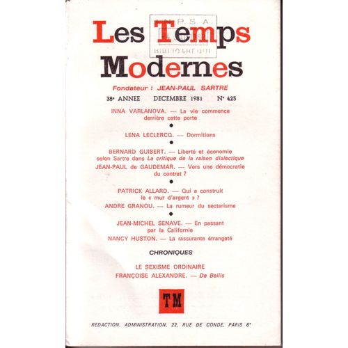 Les Temps Modernes N° 425  Fondateur Jean-Paul Sartre