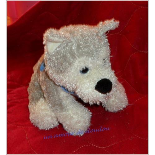 Peluche Doudou Chien  Assis Gris Et Blanc Yeux Bleus Foulard Bleu