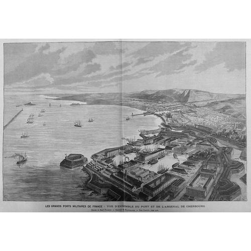 Rare Grande Gravure D'epoque Vue À Vol D'oiseau Du Port Et De L'arsenal De Cherbourg 1886