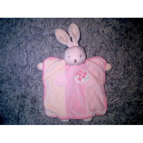 Doudou Lapin Plat Marionnette Rose Fleur