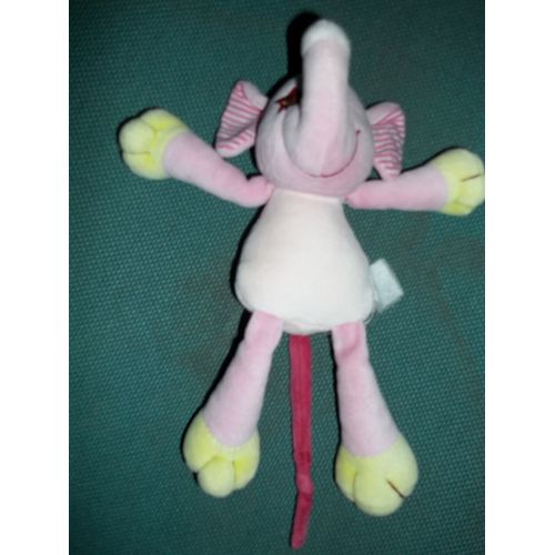 Doudou Elephant Rose  Bonnet Jaune   21 Cm