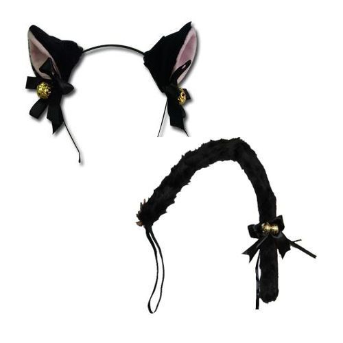 Oreille Chat Noir Clochette Dorée Serre Tête + Une Queue Noir Chat (Grande Taille) Sert Tête Barrette Black Sugar Cosplay Costume Déguisement Soirée