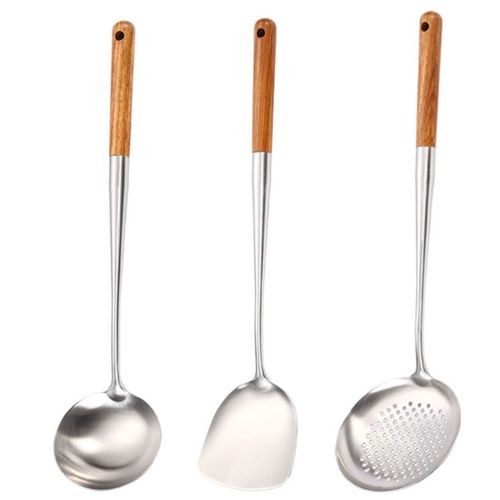 Ensemble D'outils Grattoir Et Cuillère À Fentes Pour Wok, Manche En Bois