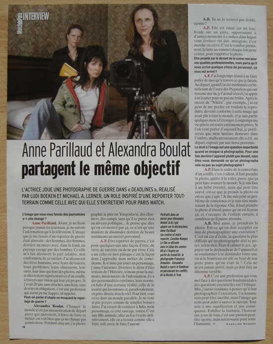 Paris Match N°2927 - Coupure De Presse, Anne Parillaud, Alexandra Boulat