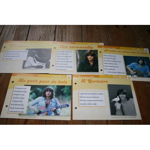 Lot De 5 Fiches Chanson Atlas Yves Duteil : Prendre Un Enfant , Virages , La Tarentelle , L'écritoire Et Le Petit Pont De Bois