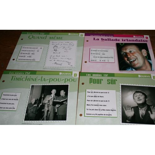 Lot De 4 Fiches Chanson Atlas Bourvil : Quand Même , Timichine La Pou Pou , Pour Sur Et La Ballade Irlandaise