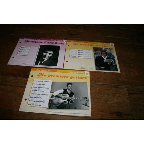 Lot De 3 Fiches Chanson Atlas Sacha Distel : Le Soleil De Ma Vie ( Brigitte Bardot ) Monsieur Cannibale Et Ma Première Guitare