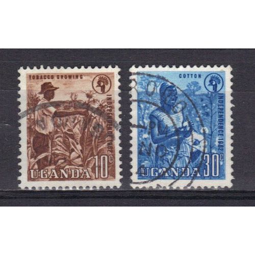 Ouganda 1962 : Culture Du Tabac / Culture Du Coton - Série De 2 Timbres Oblitérés