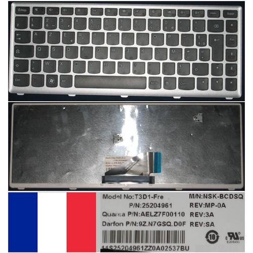 Clavier Azerty Français / French Pour LENOVO IdeaPad U310 Series, Noir / Black, Silver-frame, Model: T3D1-Fre, NSK-BCDSQ, P/N: 9Z.N7GSQ.D0F, 25204961, AELZ7F00110