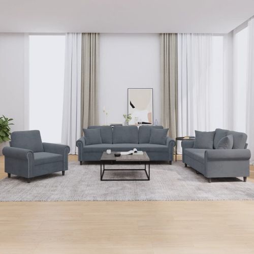Vidaxl Ensemble De Canapés 3 Pcs Avec Coussins Gris Foncé Velours