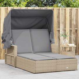 Vidaxl Chaise Longue Double Et Auvent Et Coussins Mélange Beige Rotin