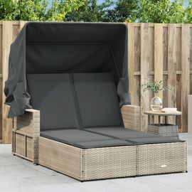 Vidaxl Chaise Longue Double Avec Auvent Et Coussins Gris Clair Rotin