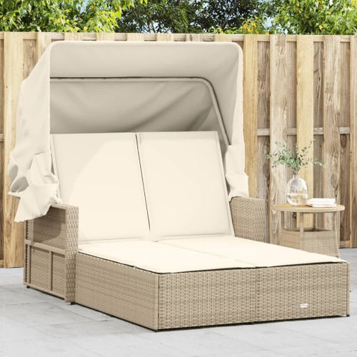 Vidaxl Chaise Longue Double Avec Auvent Et Coussins Beige Poly Rotin