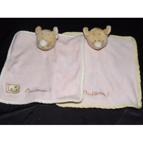Souris Doudou Bengy Plat Rose Bord Jaune Peluche Lot De 2