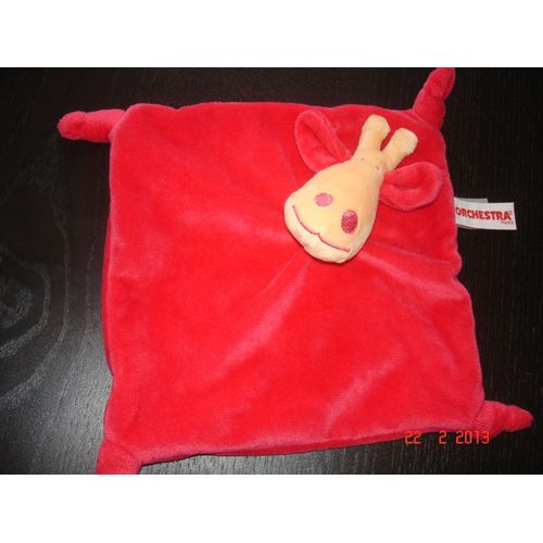 Doudou Carré Plat Rouge Orange  Girafe - Orchestra - 19cm De Côté