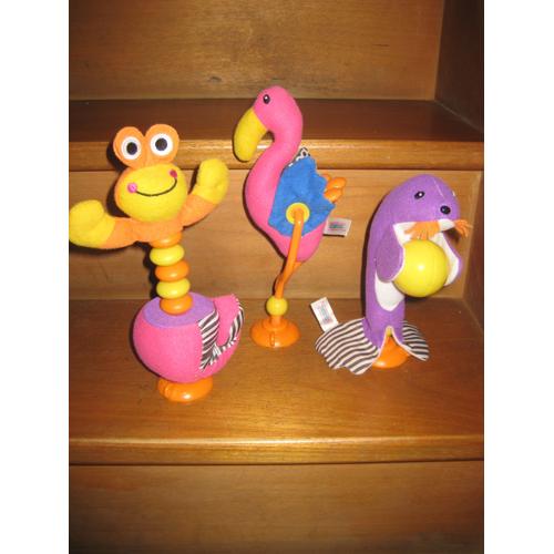 Lot De 3 Hochets Mobile Flamant Rose, Grenouille Et Phoque 21 Cm