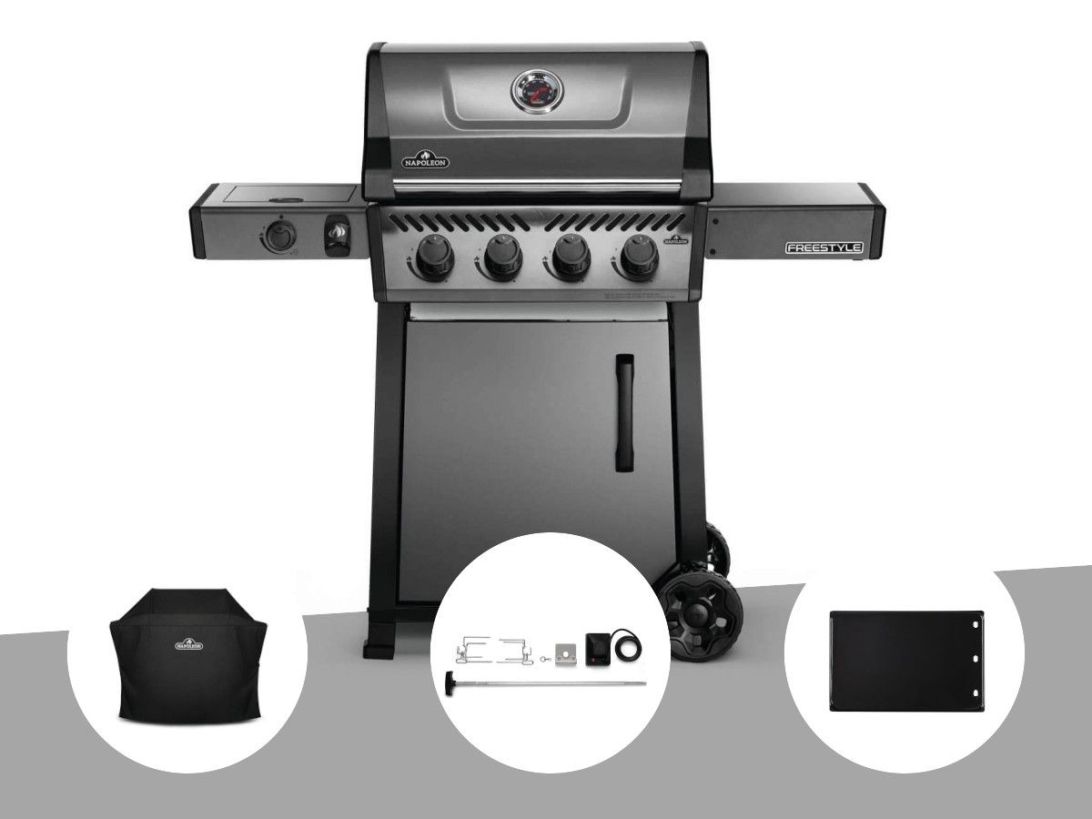 Barbecue à gaz Napoleon Freestyle F425SIB - 4 brûleurs + Sizzle Zone + Housse de protection + Kit rôtissoire + Plancha