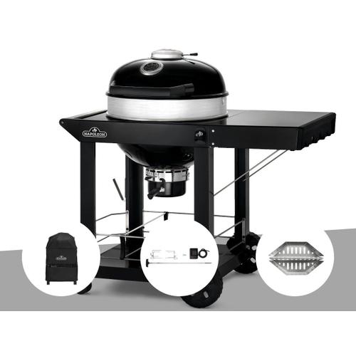 Barbecue à charbon Napoleon Kettle Pro 57 cm sur chariot + Housse pour barbecue à charbon Kettle PRO 57cm sur chariot + Rôtissoire + Lot de 2 paniers à charbon - Napoleon