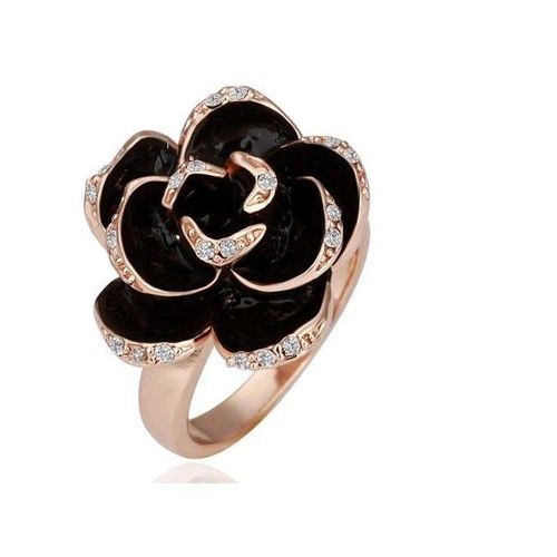 Bague Fleur Noir Émail -Plaqué Or 18k
