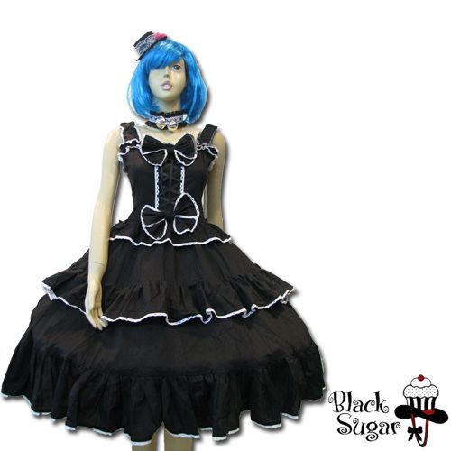 Robe Black Sugar Lolita Noir Lacet Devant Reglable Japonais Salon Manga Soirée Déguisement Cosplay Noir Dentelle