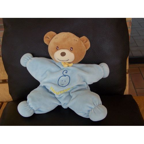 Doudou Ours Bleu Nounours Semi Plat Brode Bebe