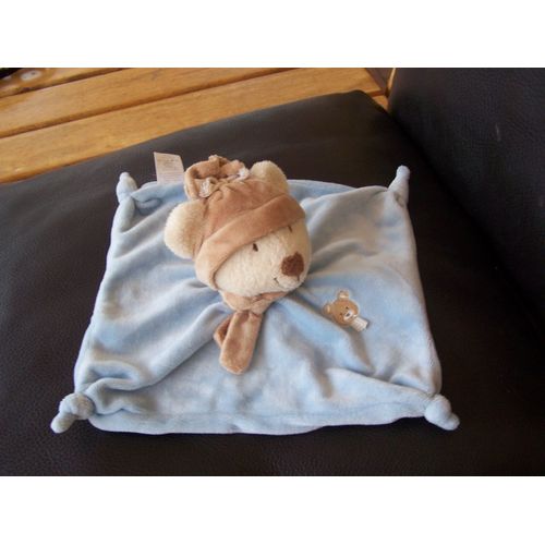 Doudou Plat Ours Bleu Nicotoy Bonnet Marron Noeuds