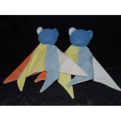 Ours Musti Doudou Mustela Bleu Orange Jaune Blanc Peluche Lot De 2