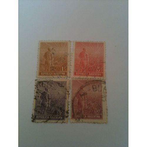 Lot De 4 Timbres Homme Travaillant Aux Champs Argentine