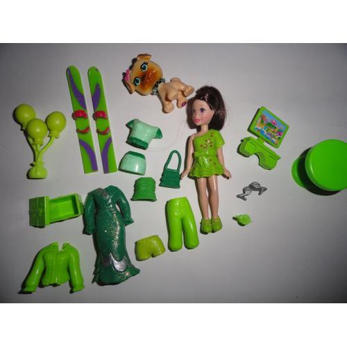 Lot De 19 Pièces Polly Pocket "Vert" : 1 Polly + 1 Chien + Des Vêtements Et Des Acessoires