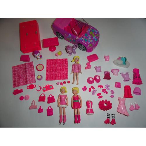 Lot De 64 Pièces Polly Pocket "Rose" : 3 Polly + Des Vêtements Et Des Chaussures +1 Voiture + Des Animaux + Des Accessoires