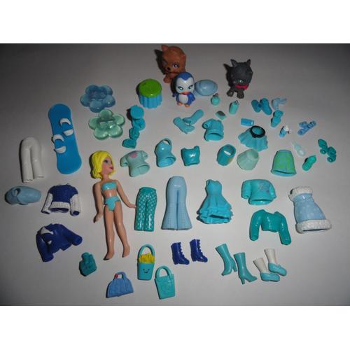 Lot De 50 Pièces Polly Pocket "Bleu" : 1 Polly + Des Animaux + Des Vêtements Et Des Chaussures + Des Accessoires