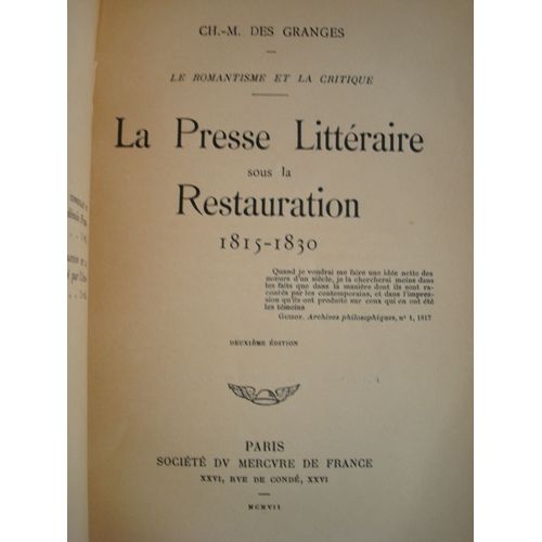 La Presse Littéraires Sous La Restauration 1818-1830