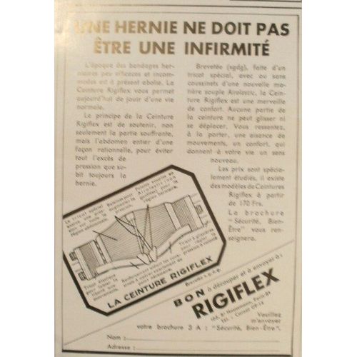 Publicité Ancienne (Janvier 1937) Pour Le Bandage Herniaire (Hernie) Rigiflex (166 Boulevard Haussmann À Paris)