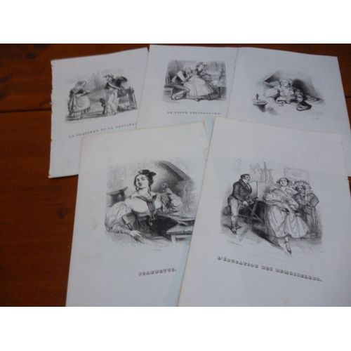 Lot De 5 Gravures Sur Bois Xixème /  "Chansons"De Beranger Par J.J. Grandville