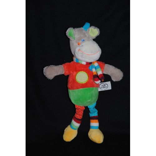 Mots D'enfants Peluche Doudou Vache Girafe Vert Rouge Echarpe Rayé 30 Cm