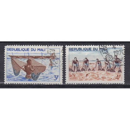 Mali 1966 : Pêche : Au Filet / Collective - Série De 2 Timbres Oblitérés