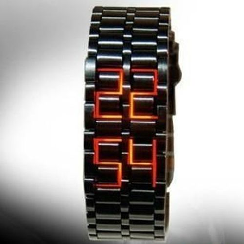 Montre / Gourmette - Femme / Ado - À Led Rouge - Design Iron Samouraï - Bracelet - Acier Chromé Noir Titanium - Larg: 21 Mm / Long. Maxi: 19 Cm