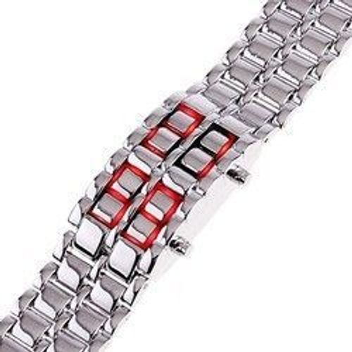 Montre / Gourmette - Femme / Ado - À Led Rouge - Design Iron Samouraï - Bracelet - Acier Chromé - Larg: 21 Mm / Long. Maxi: 18,5 Cm