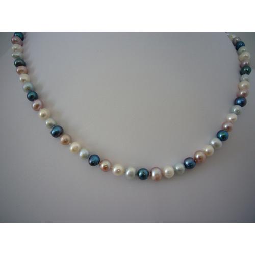 &#9829 Magnifique Collier De Perles De Culture Authentiques Sur Fils De Soie, Fermoir Plaqué Or Blanc + Neuf +