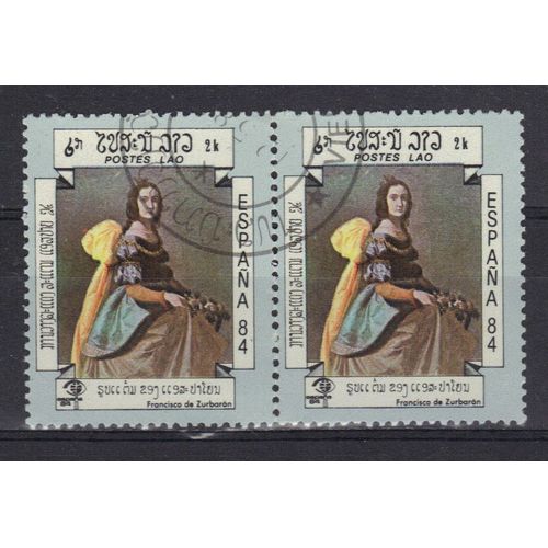 Laos 1984 : "Espana 84" : Exposition Philatélique Internationale À Madrid "Annonciation" (Murillo) - Lot De 2 Timbres Oblitérés Et Attenants