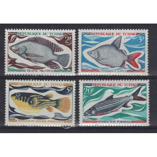 Tchad 1969 : Poissons : Tilapia Nilotica / Citharinus Latus / Tetraodon Fahaka Strigosus / Hydrocyon Forskali - Série Entière De 4 Timbres Neufs *