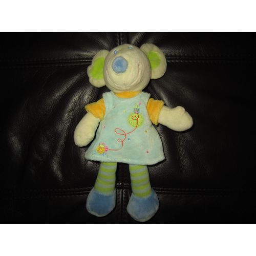 Doudou Peluche Souris Mots D'enfants Leclerc Peluche Robe Bleu Ciel Jaune Maison Oiseau Brodé 26 Cm
