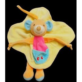 Doudou Peluche Souris Nounours Plat Jaune Poche Bleu Cerises Brodées