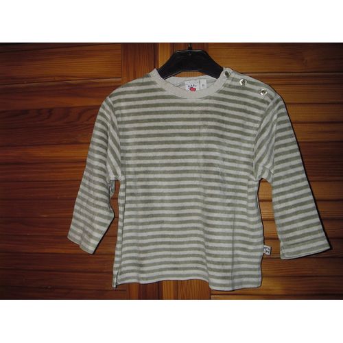 Pull Velour Baby Club À Rayures Horizontales Vertes Kaki Et Blanches ,Taille 24 Mois .