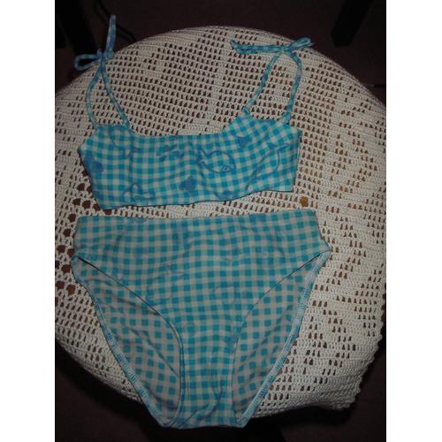 Maillot De Bain  2 Pièces À Carreaux Bleu Et Blanc ,Fantaisie Petits Poissons ,Fleurs Et Papillons En Surimpression ,Taille 3 Ans .