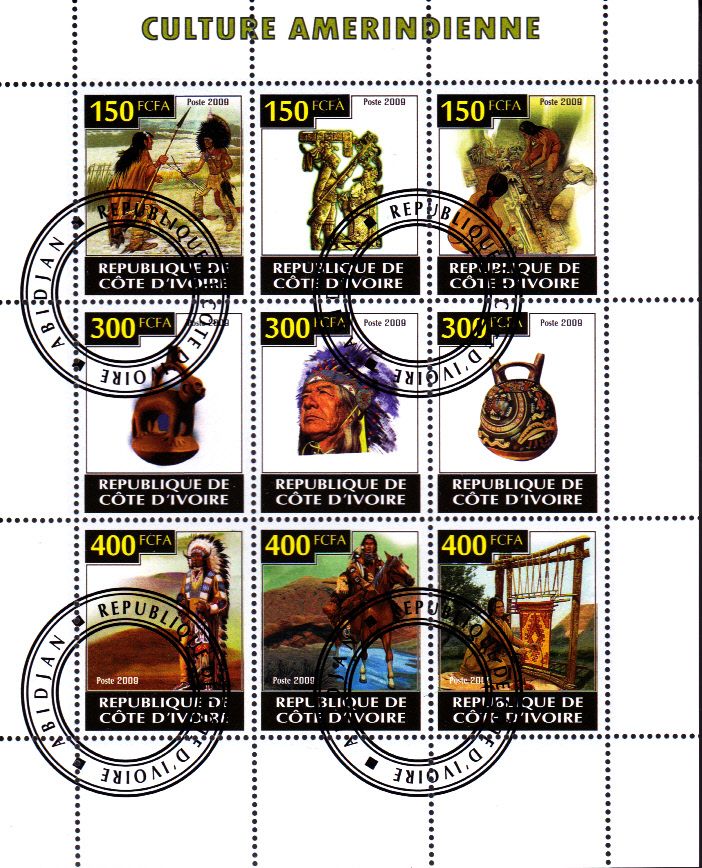 Bloc 9 Timbres Philateliques Preobliteres Culture Amerindienne Cote D'ivoire 2009