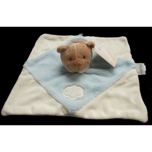 Doudou Ours Plat 24 Sur 24 Bleu Et Blanc Avec Nuage Broder Dessu